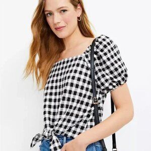 LOFT | Gingham Black White Puff Sleeve Square Neck Tie Front Crinkle Blouse Top